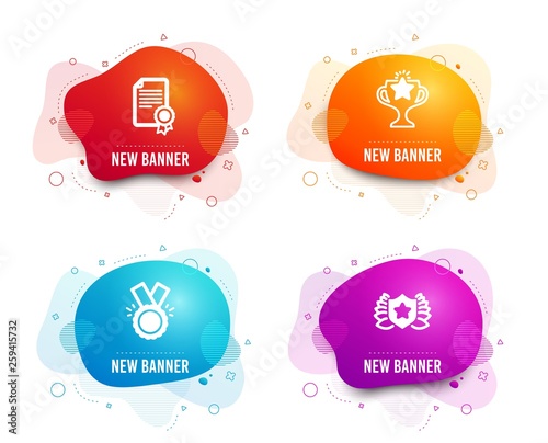 Liquid badges. Set of Certificate, Victory and Honor icons. Laureate sign. Diploma, Championship prize, Medal. Award shield.  Gradient certificate icon. Flyer fluid design. Abstract shapes. Vector