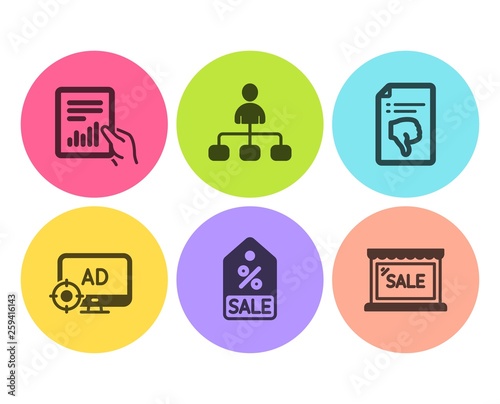 Thumb down, Seo adblock and Document icons simple set. Management, Sale coupon and Sale signs. Decline file, Search engine. Flat thumb down icon. Circle button. Vector