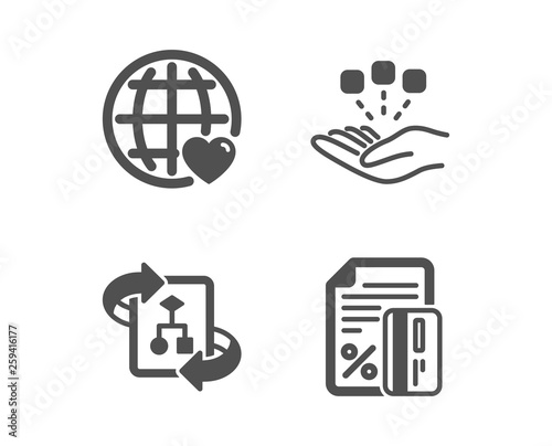 Set of Consolidation, Technical algorithm and International love icons. Credit card sign. Strategy, Project doc, Internet dating. Loan percent.  Classic design consolidation icon. Flat design. Vector