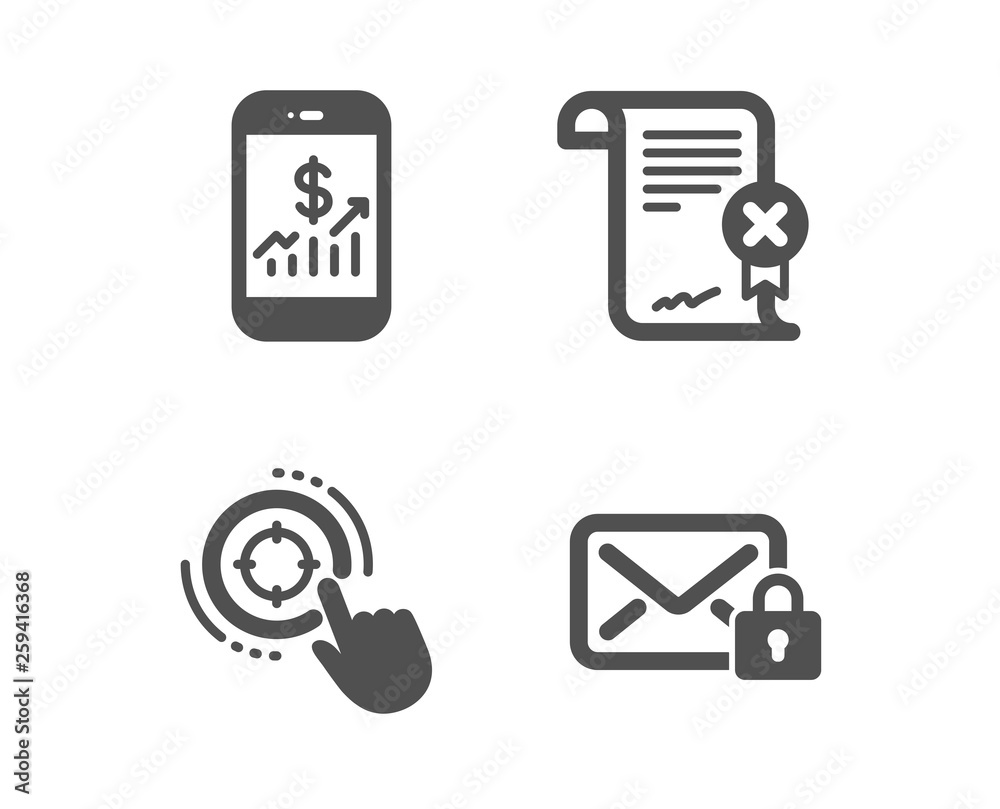 Set of Mobile finance, Reject certificate and Seo target icons. Secure mail sign. Phone accounting, Decline file, Click aim. Private e-mail. Classic design mobile finance icon. Flat design. Vector Set of Mobile finance, Reject certificate and Seo target icons. Secure mail sign. Phone accounting, Decline file, Click aim. Private e-mail. Classic design mobile finance icon. Flat design. Vector