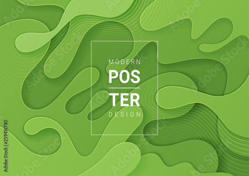  Abstract paper cut green background with wavy layers; Realistic carving art; Vector 3d template; Material design concept.