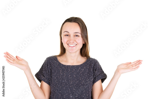 young happy woman presenting product in two both palm hand