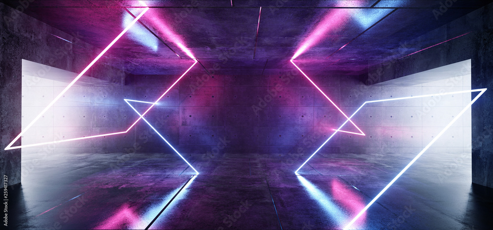 Abstract Rectangle Neon Glowing Sci Fi Purple Blue Futuristic Concrete Empty Grunge Reflective Room Vibrant Spectrum Fluorescent Luminous Lasers Hall Tunnel Corridor Alien Spaceship 3D Rendering