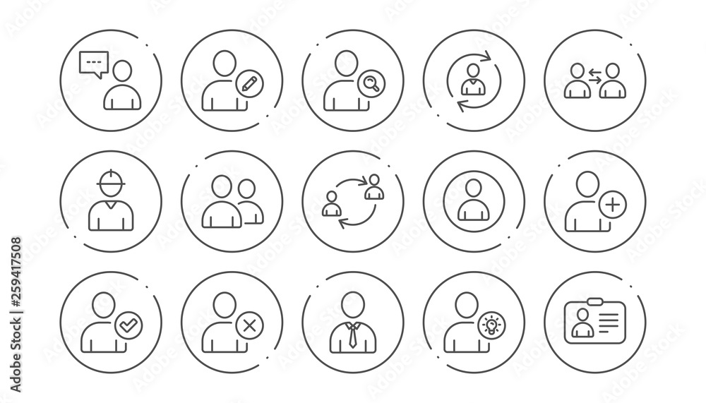 User person line icons. Profile, Group and Support. People linear icon set. Line buttons with icon. Editable stroke. Vector