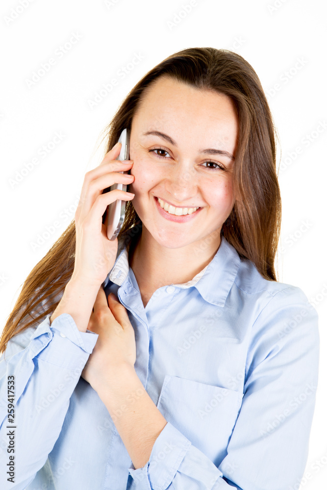 portrait of young beautiful woman on the phone looks portrait of young beautiful woman on the phone looks