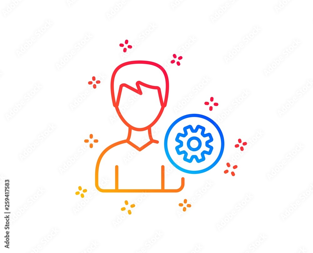 User settings line icon. Profile Avatar with cogwheel sign. Male Person silhouette symbol. Gradient design elements. Linear support icon. Random shapes. Vector User settings line icon. Profile Avatar with cogwheel sign. Male Person silhouette symbol. Gradient design elements. Linear support icon. Random shapes. Vector