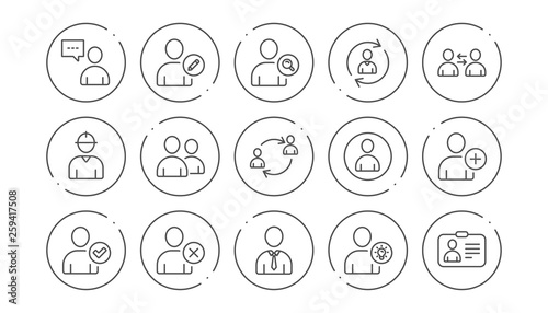 User person line icons. Profile, Group and Support. People linear icon set. Line buttons with icon. Editable stroke. Vector