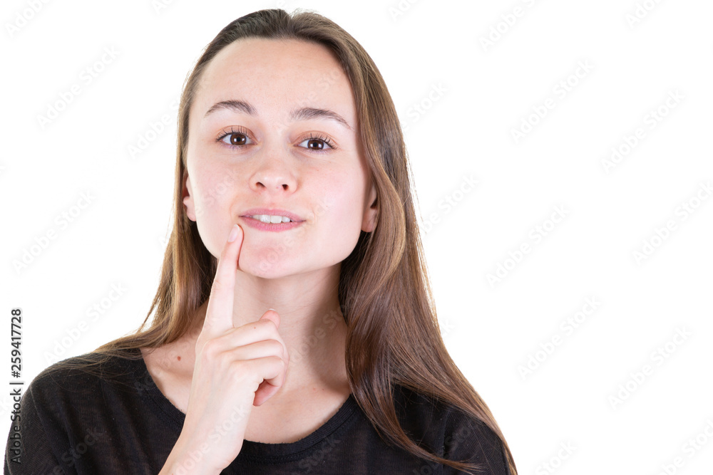 young happy woman portrait smiling and thinking on white background looking in camera young happy woman portrait smiling and thinking on white background looking in camera