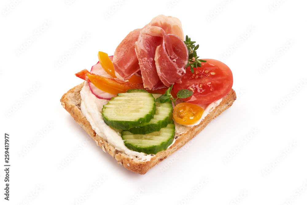 Ham, Jamon or Prosciutto open sandwich, close-up, isolated on white background Ham, Jamon or Prosciutto open sandwich, close-up, isolated on white background