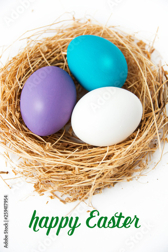 soft shades of purple and blue Easter eggs in the nest. happy easter wishes card  