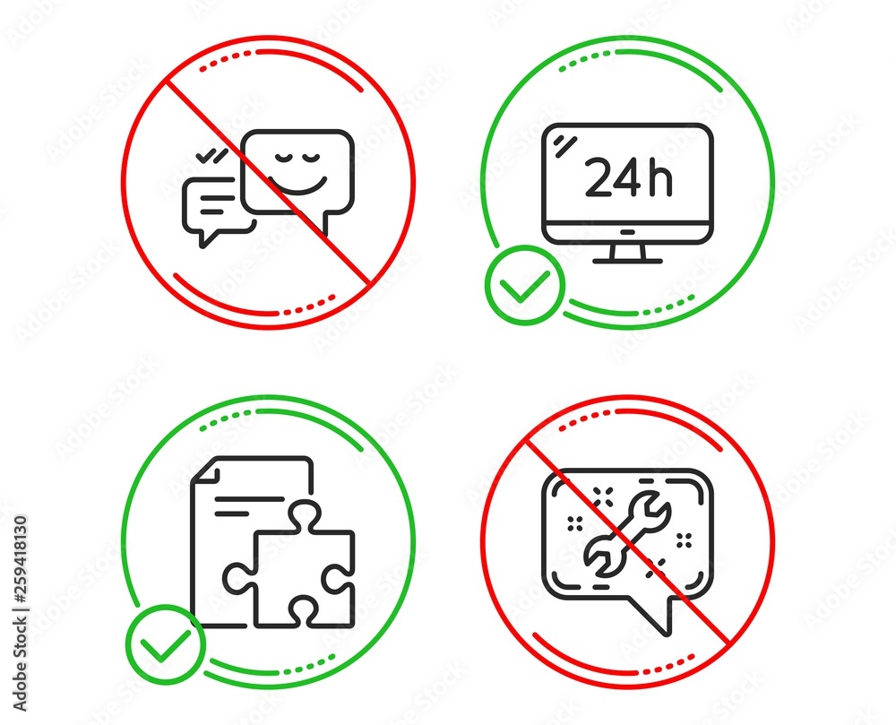 Do or Stop. Happy emotion, Strategy and 24h service icons simple set. Spanner sign. Web chat, Puzzle, Call support. Repair service. Technology set. Line happy emotion do icon. Prohibited ban stop