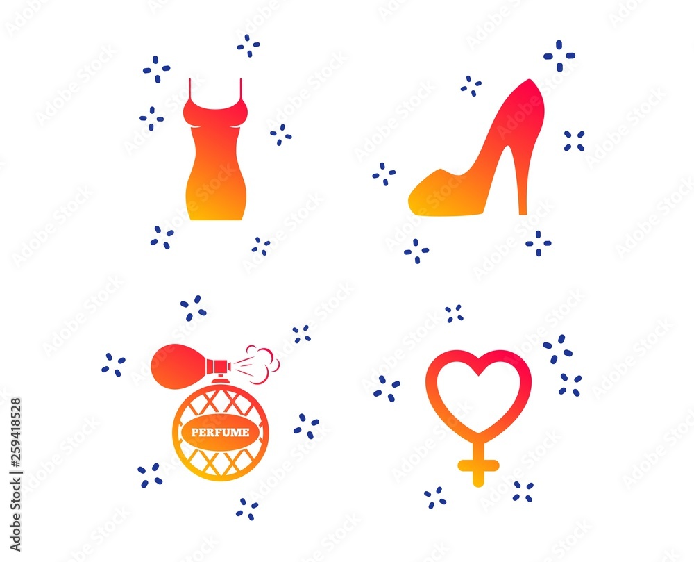 Women dress icon. Sexy shoe sign. Perfume glamour fragrance symbol. Random dynamic shapes. Gradient accessories icon. Vector