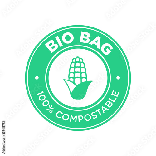Bio Bag 100% Compostable made of corn. Round and green symbol.