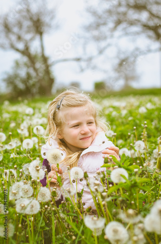 beautiful kid in blossoming dandelion flower meadow