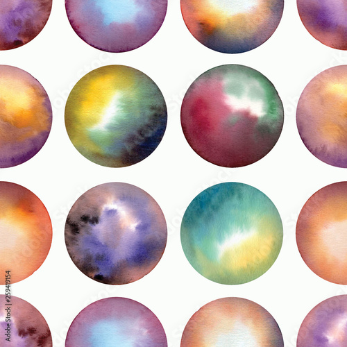 Pattern of cosmos illustrations in circles. Hand drawn watercolor space background. Brush and drops. Pattern