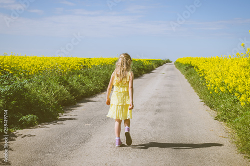 little child walking in rural path in beautiful summer nature