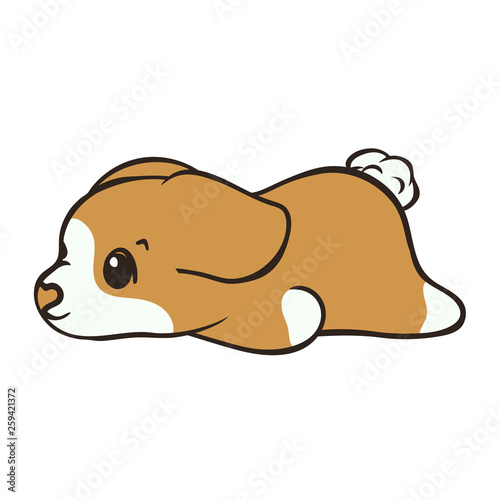 Welsh corgi dog breed vector illustration. Cute puppy lying down from back view, cartoon icon. Fluffy Corgi Pembroke, love dogs. Simple emblem for pet shop, zoo ads, animal food package. Tired sad dog