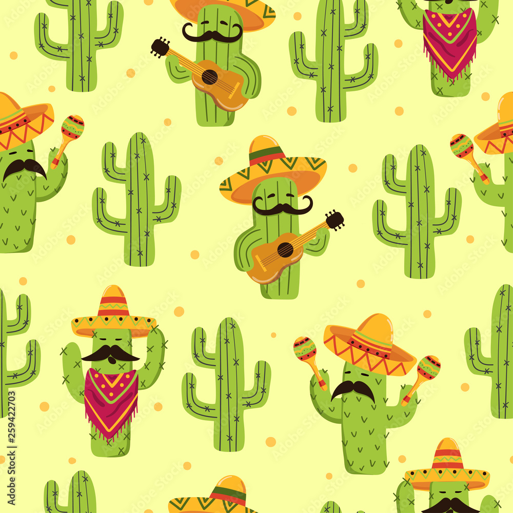 Fototapeta premium Seamless Mexican cactus pattern. Cute cactus with guitar, sombrero, maracas.