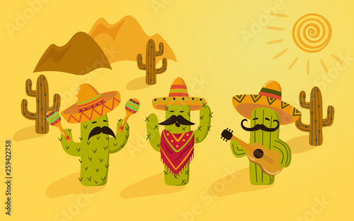 Cartoon mexican cactus. Card design. Vector illustration.	