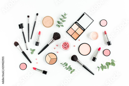 Professional decorative cosmetics, makeup tools on white background. Flat composition beauty, fashion. flat lay, top view