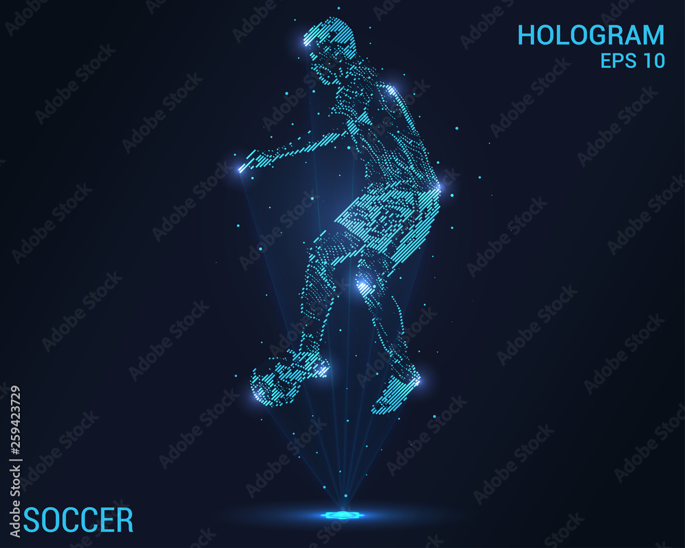 Soccer hologram. Holographic projection of football. Flickering energy flux of particles. Scientific design soccer.