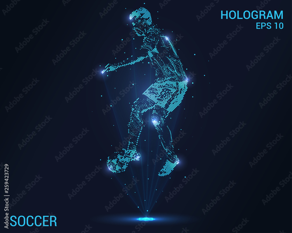 Fototapeta premium Soccer hologram. Holographic projection of football. Flickering energy flux of particles. Scientific design soccer.