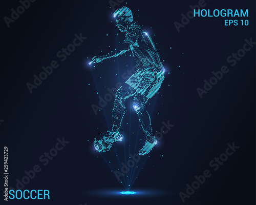 Soccer hologram. Holographic projection of football. Flickering energy flux of particles. Scientific design soccer.