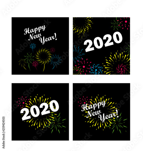 happy new year 2020 vector set with fireworks
