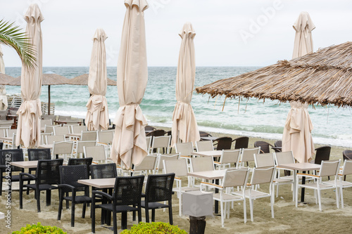 Empty beach outdoor cafe in Leptokaria, Macedonia, Greece photo