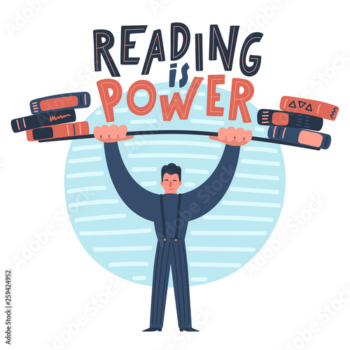 Reading is power. Man with a raised barbell with stacks of books. 