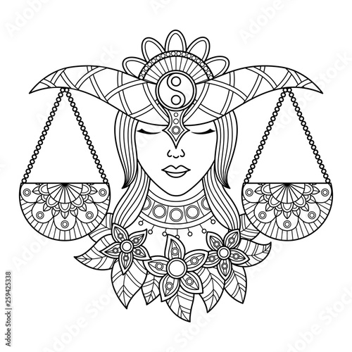 Libra zodiac sign. Zentangle coloring book page for adult. 