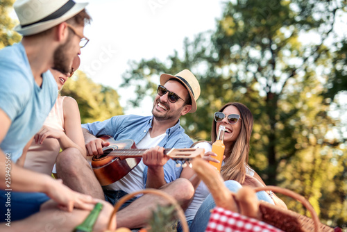 Cheerful friends in the park having picnic © ivanko80