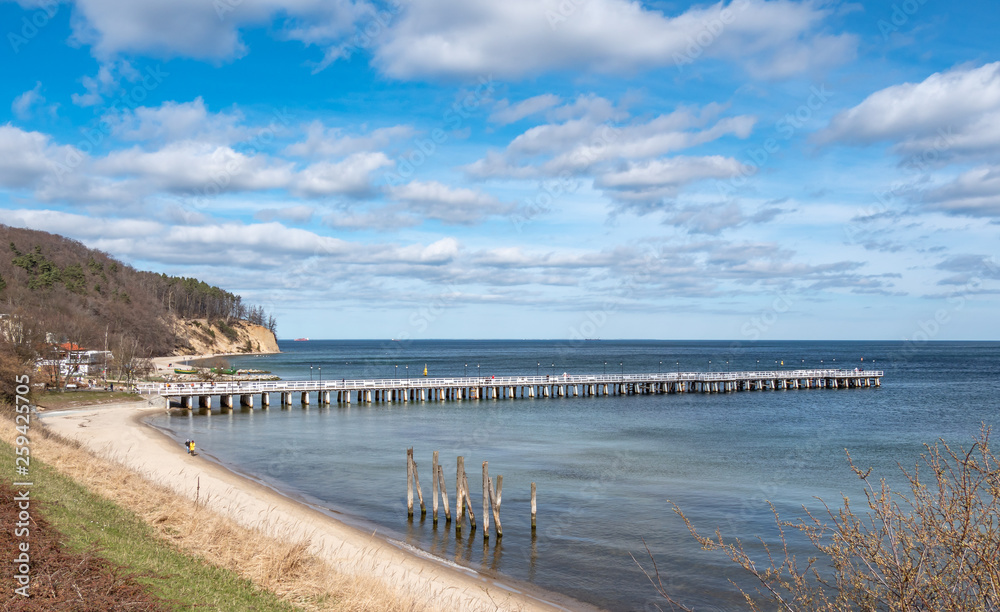 Landscape of wooden pier called molo in Orlowo, district of Gdynia in Poland