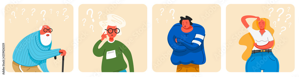 Thinking people. Pensive guy and woman find successful solution. Thoughtful elderly and young couple understand the problem. Cute characters. Smart man asks a question. Illustration in cartoon style.