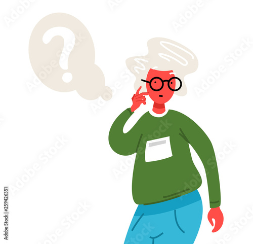 Thinking old woman. Thoughtful people understand the problem. Pensive grandmother find successful solution. Cute character. Illustration in cartoon style. Smart elderly lady asks a question.