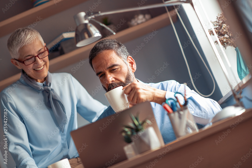 Seniors couple working with laptop at home office Seniors couple working with laptop at home office