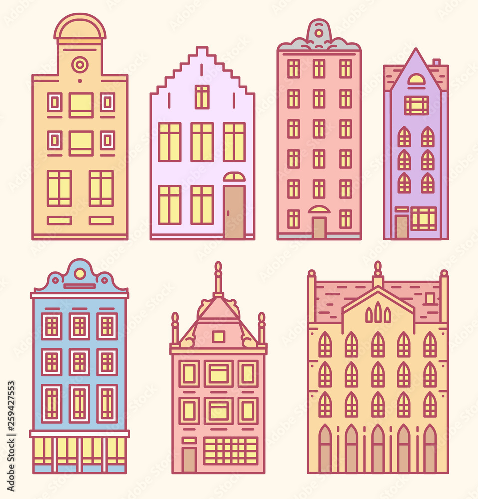Europe house or apartments Set of Doodle sketch. Cute architecture in Netherlands. Cozy homes for Banner or poster. Building and facades. Flat style.