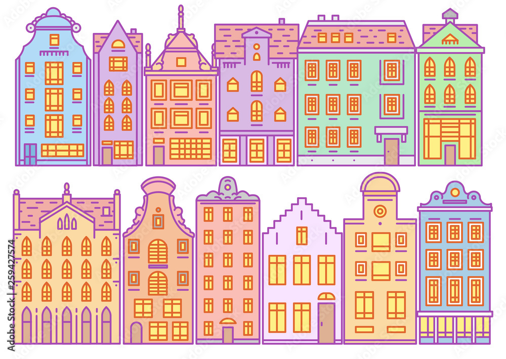 Set of Europe house or apartments. Cute architecture in Netherlands. Building and facades. Neighborhood with classic street and cozy homes. Doodle sketch Flat style.