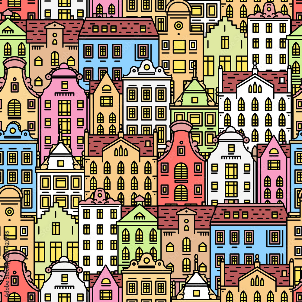 Europe house or apartments Seamless pattern. Cute architecture background. Neighborhood with classic street and cozy homes for Banner or poster. Building and facades. Doodle sketch Flat style.