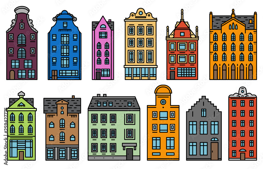 Europe house and apartments. Set of cute architecture in Amsterdam. Neighborhood with classic street and cozy homes. Building and facades for Banner or poster. Doodle sketch.