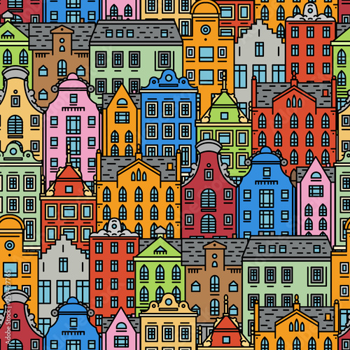 Europe house or apartments Seamless pattern. Cute architecture background. Neighborhood with classic street and cozy homes for Banner or poster. Building and facades. Doodle sketch Flat style. © artbalitskiy