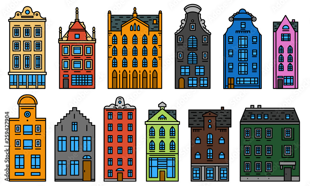 Europe house or apartments. Set of cute architecture in Netherlands. Neighborhood with classic street and cozy homes for Banner or poster. Building and facades. Doodle sketch Flat style.