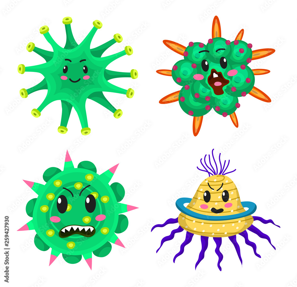 Set of bacteria characters. Cartoon Cute germ virus funny infection. Funny bad emotions micro Microbe. Color Monster, pathogen or parasite.