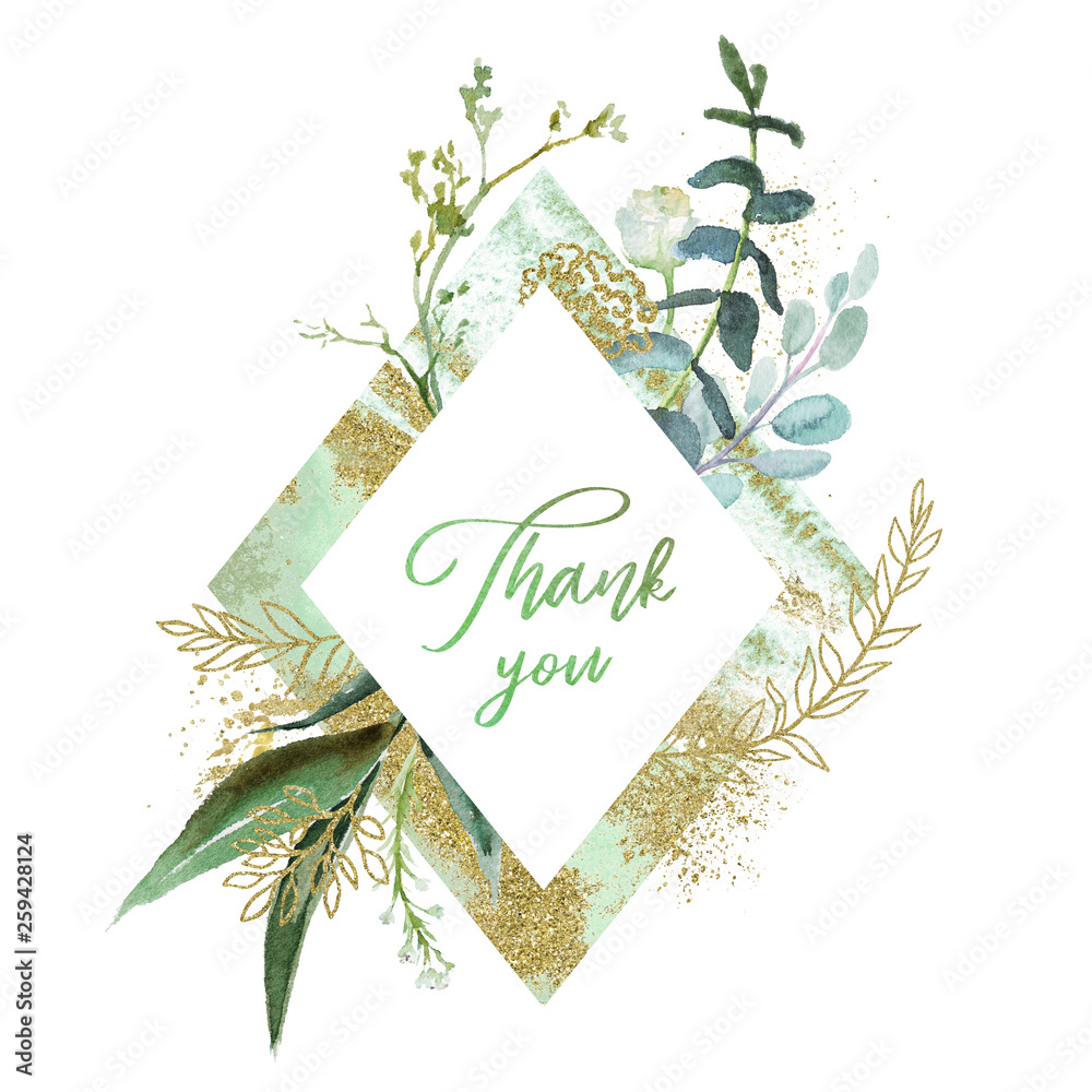 Watercolor floral illustration with gold branches - leaf frame / wreath ...