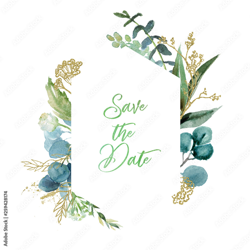 Watercolor floral illustration with gold branches - leaf frame / wreath ...