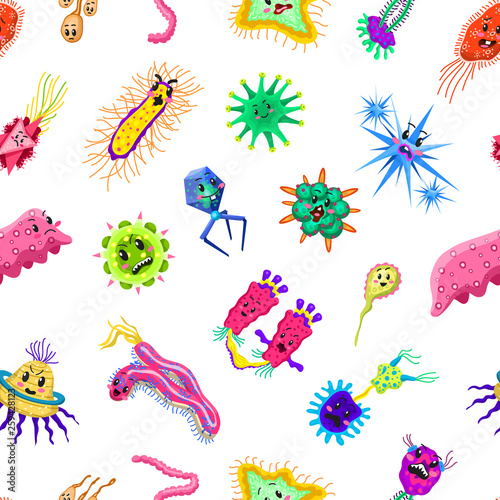 Bacteria characters Seamless pattern. Cartoon Cute germ virus funny infection. Funny bad emotions micro Microbe. Color Monster, pathogen or parasite.