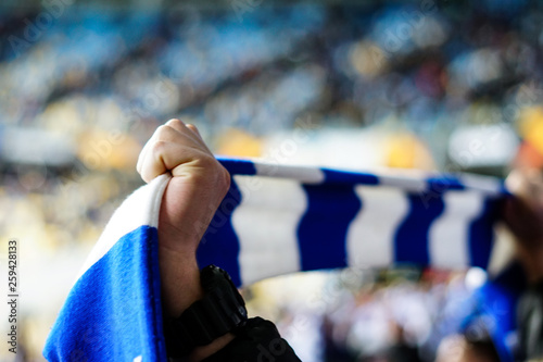 Overjoyed football fan holding a scarf and cheering photo