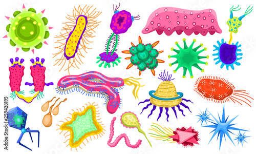 Set of bacteria characters. Cartoon Cute germ virus funny infection. Funny bad emotions micro Microbe. Color Monster, pathogen or parasite.