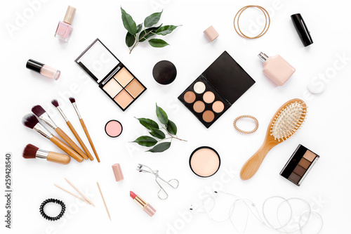 Professional makeup brushes and tools, make-up products set. Flat composition. magazines, social media. Top view. Flat lay.