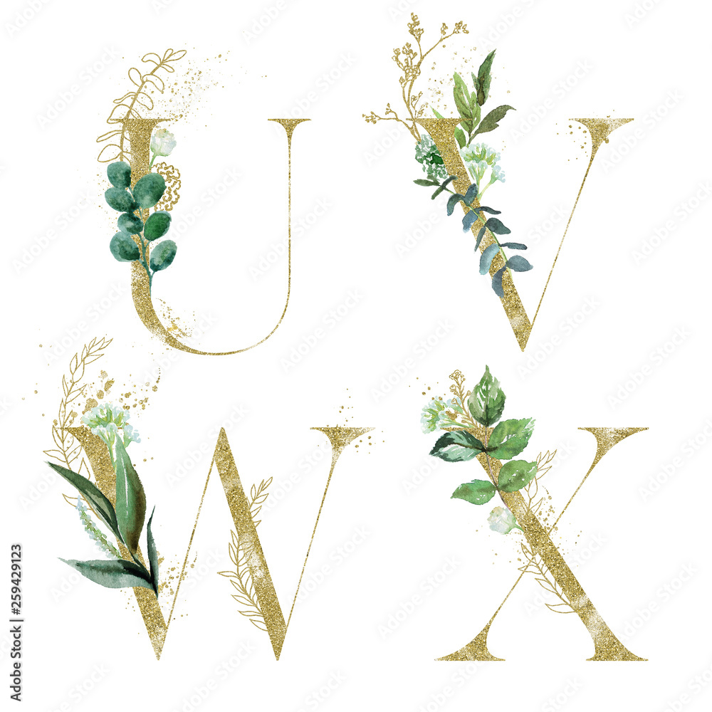 Gold Floral Alphabet Set - letters U, V, W, X with green botanic branch ...